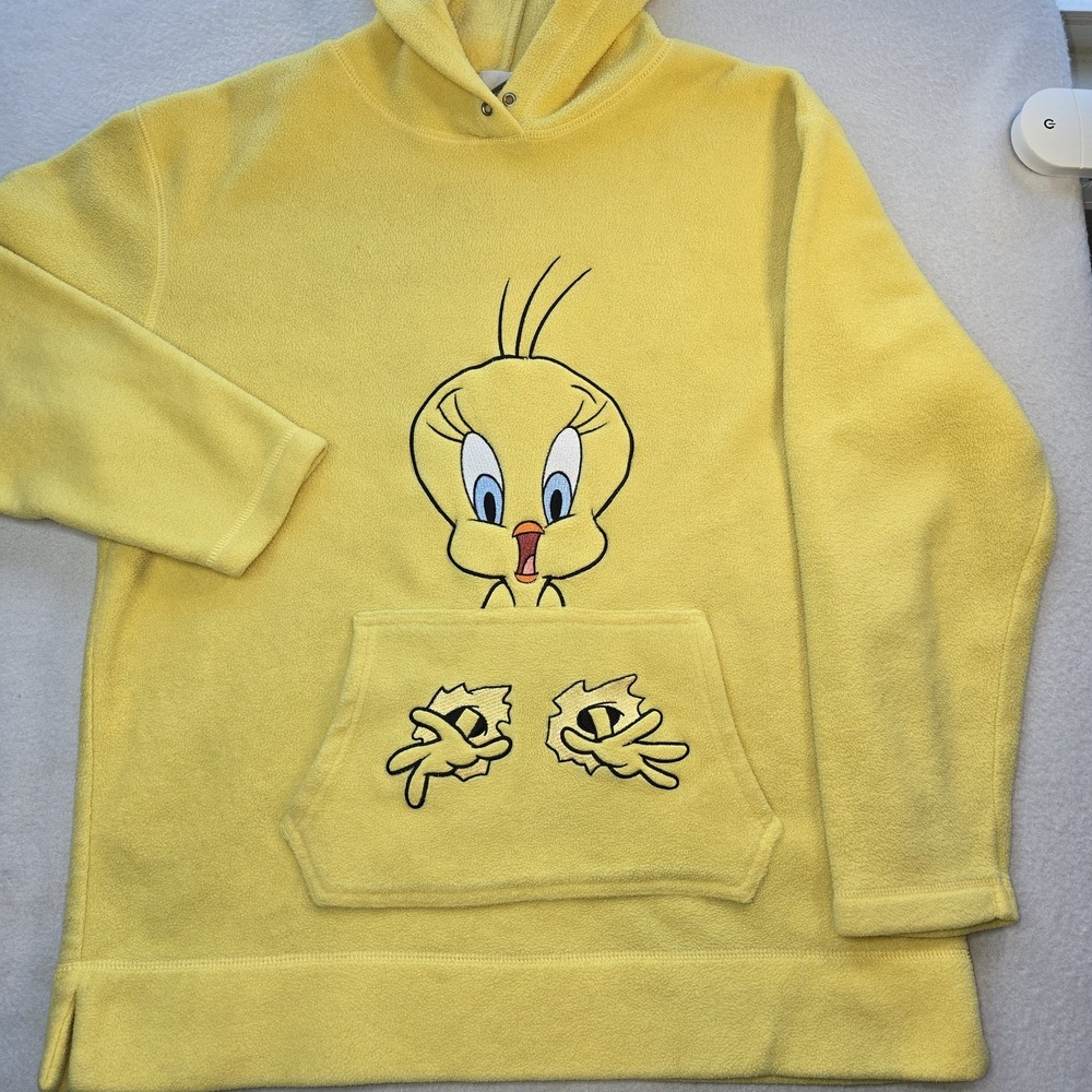 Vintage Y2K 2001 Tweety Bird Yellow Fleece Hoodie Size Medium Warner Bros Looney